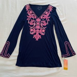 INC Navy Tunic With Pink Embroidery And Rhinestones Size Medium